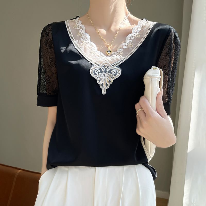 Short Sleeve V-Neck Embroidered Panel Lace Satin Top