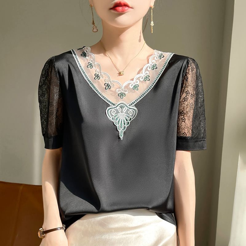 Short Sleeve V-Neck Embroidered Panel Lace Satin Top