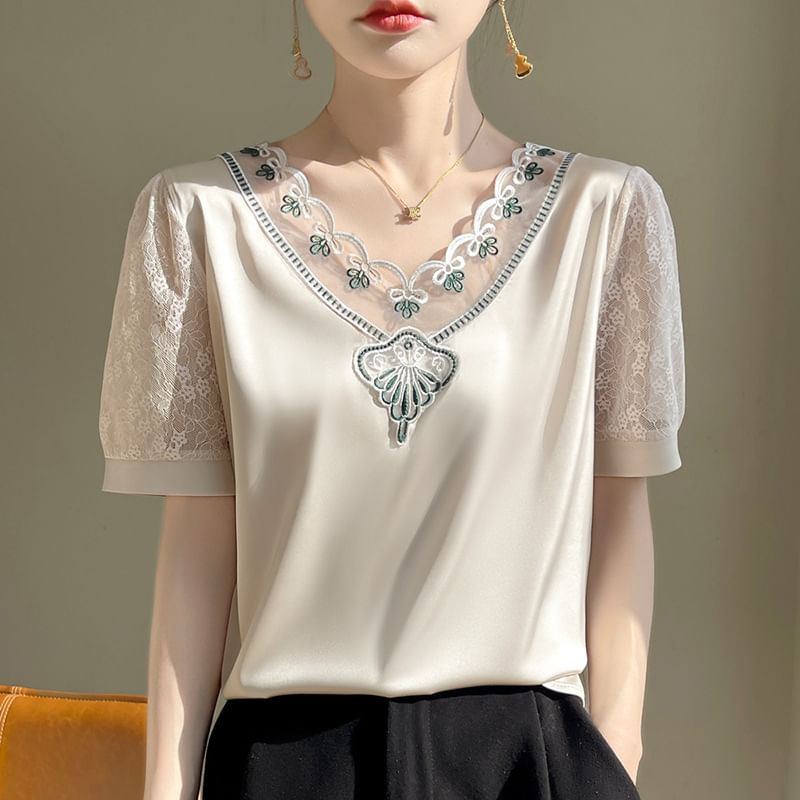 Short Sleeve V-Neck Embroidered Panel Lace Satin Top