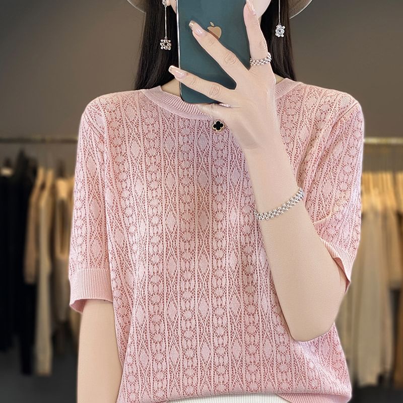 Short-Sleeve Crew Neck Plain Knit Top