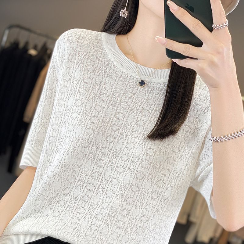 Short-Sleeve Crew Neck Plain Knit Top