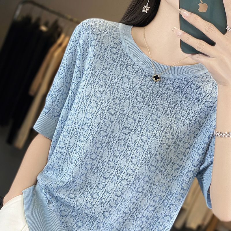 Short-Sleeve Crew Neck Plain Knit Top