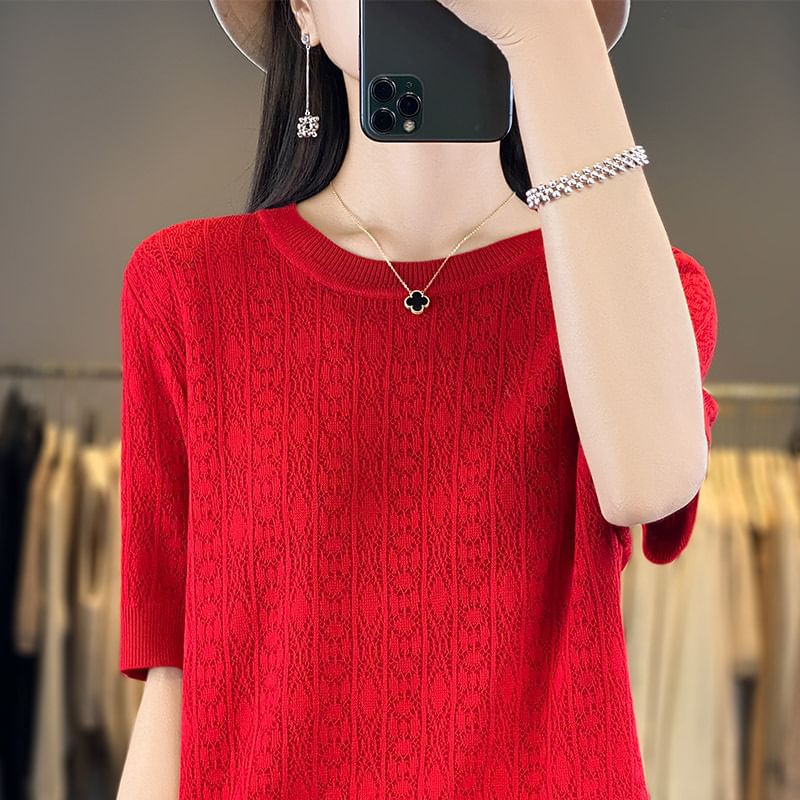 Short-Sleeve Crew Neck Plain Knit Top