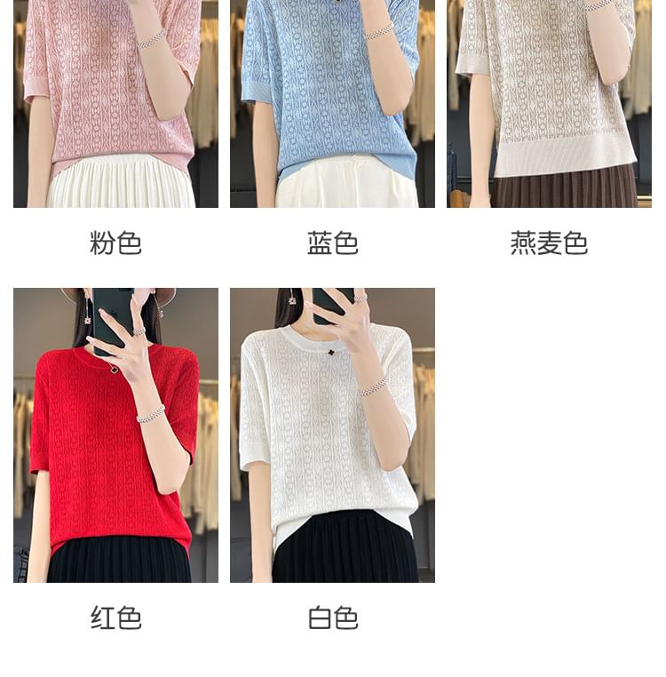 Short-Sleeve Crew Neck Plain Knit Top