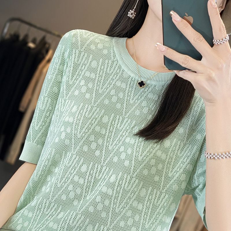 Elbow-Sleeve Crew Neck Patterned Knit Top