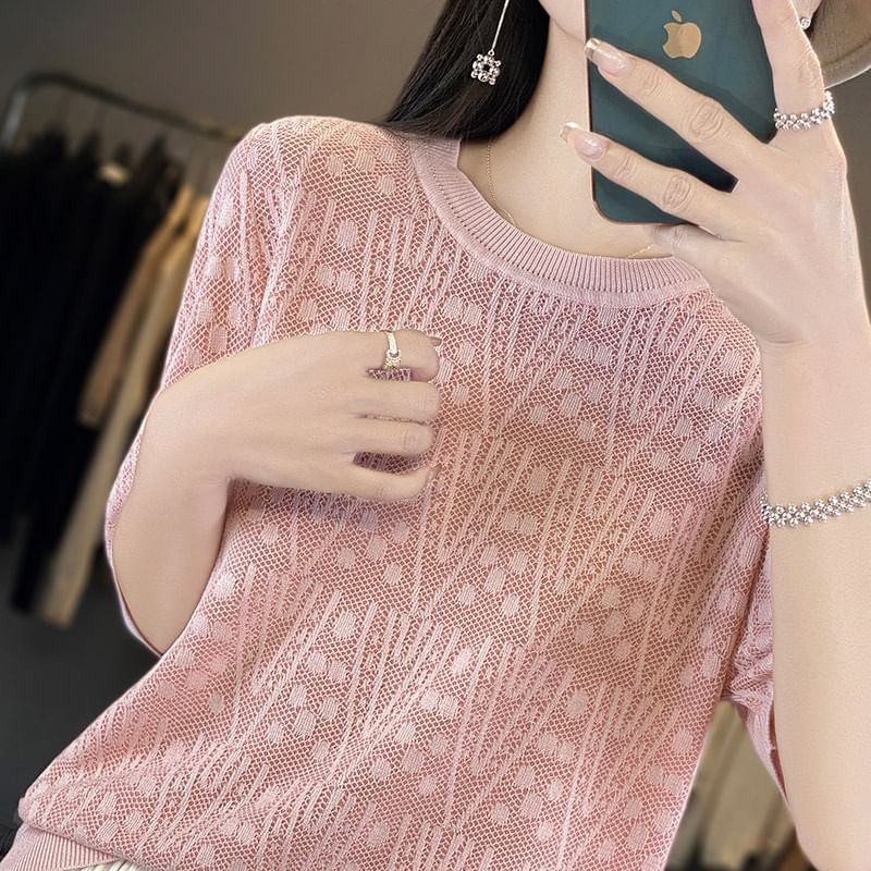 Elbow-Sleeve Crew Neck Patterned Knit Top