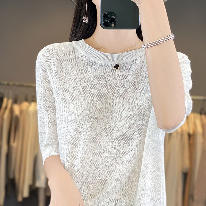 Elbow-Sleeve Crew Neck Patterned Knit Top