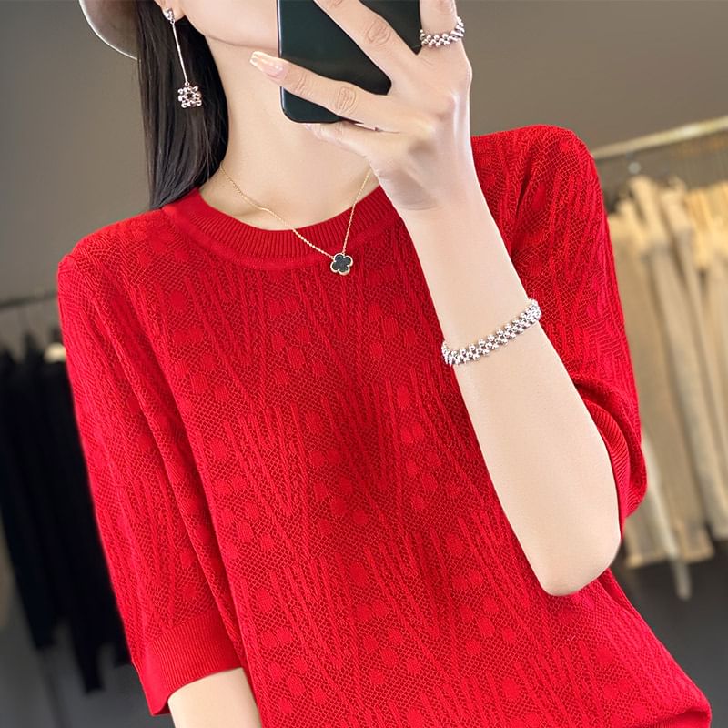 Elbow-Sleeve Crew Neck Patterned Knit Top
