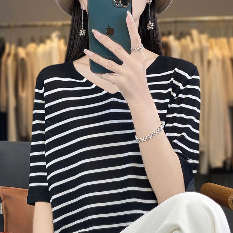 Elbow-Sleeve V-Neck Striped Knit Top
