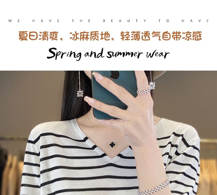 Elbow-Sleeve V-Neck Striped Knit Top