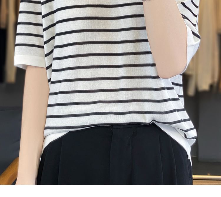 Elbow-Sleeve V-Neck Striped Knit Top
