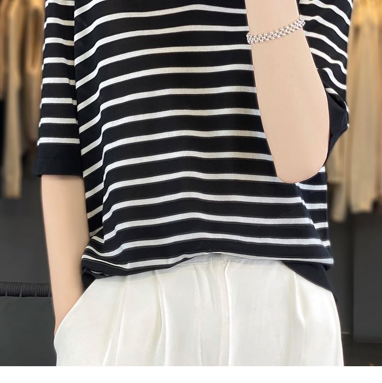 Elbow-Sleeve V-Neck Striped Knit Top