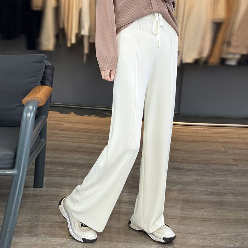 Drawstring Waist Plain Knit Wide Leg Pants