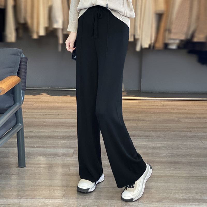 Drawstring Waist Plain Knit Wide Leg Pants