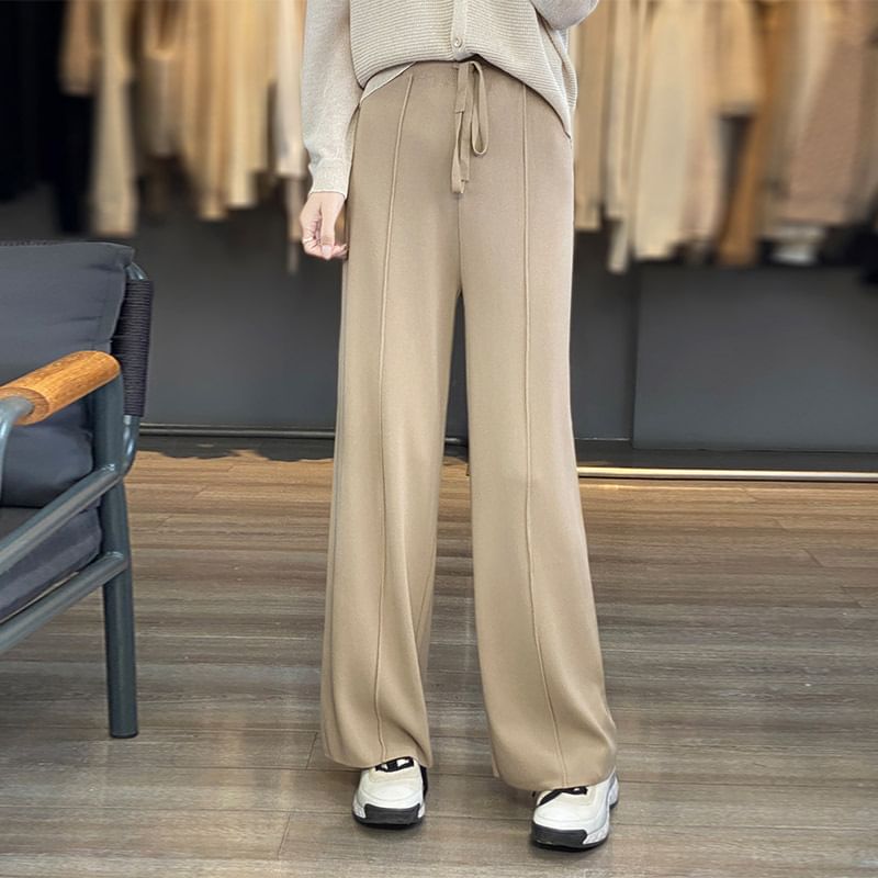 Drawstring Waist Plain Knit Wide Leg Pants