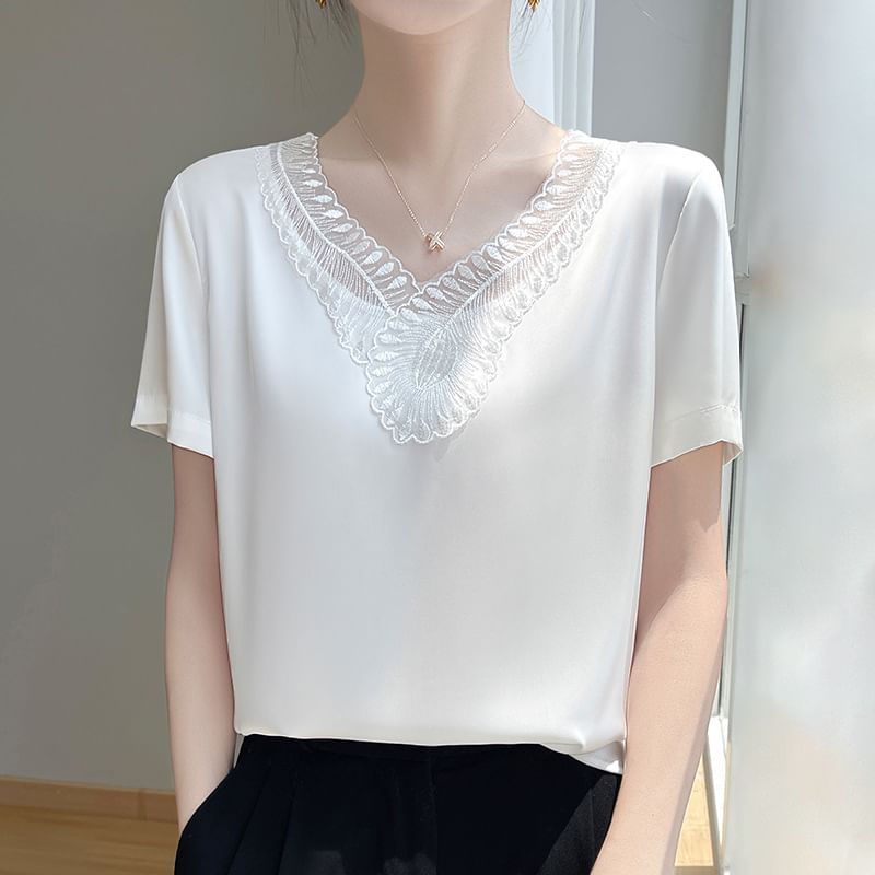 Short-Sleeve V-Neck Plain Embroidered Panel Satin Top