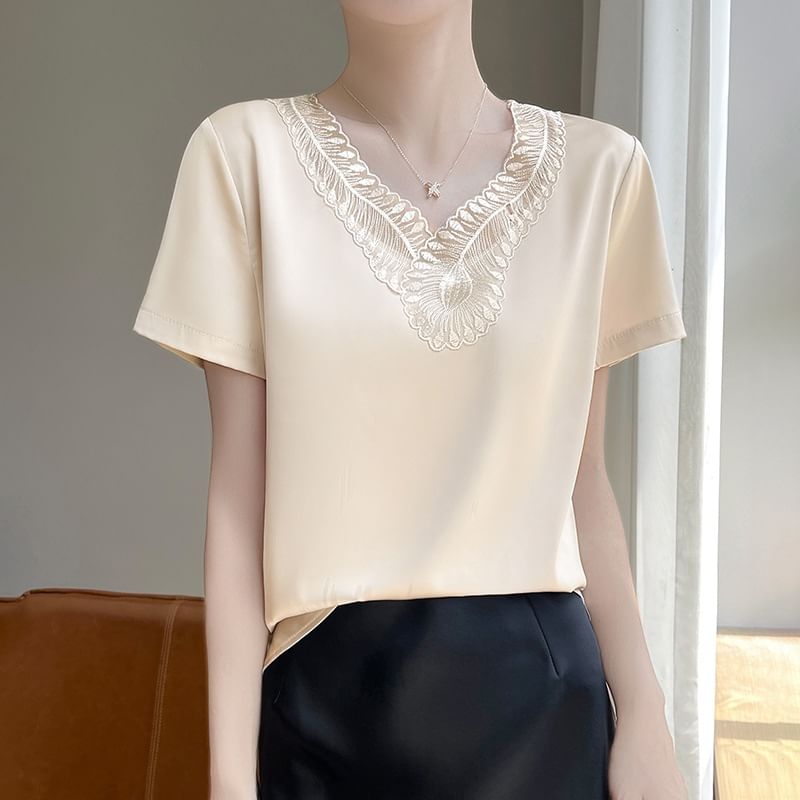 Short-Sleeve V-Neck Plain Embroidered Panel Satin Top