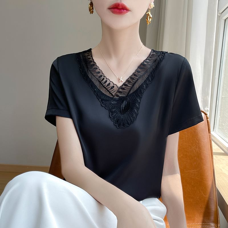 Short-Sleeve V-Neck Plain Embroidered Panel Satin Top