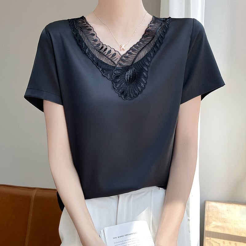 Short-Sleeve V-Neck Plain Embroidered Panel Satin Top
