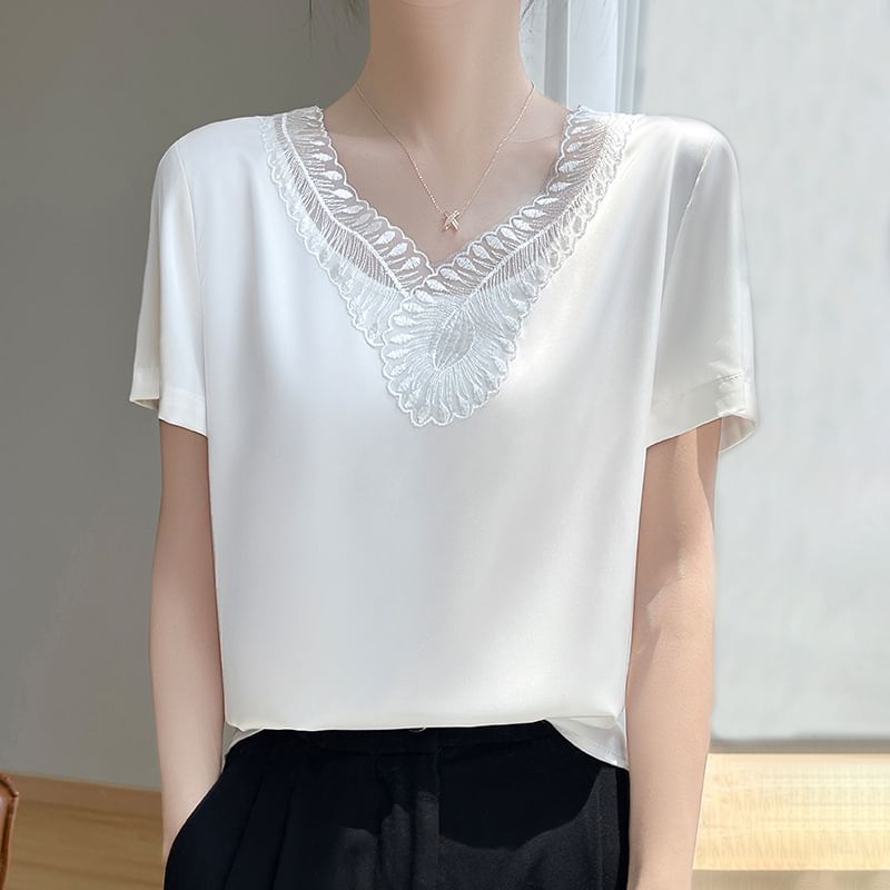 Short-Sleeve V-Neck Plain Embroidered Panel Satin Top