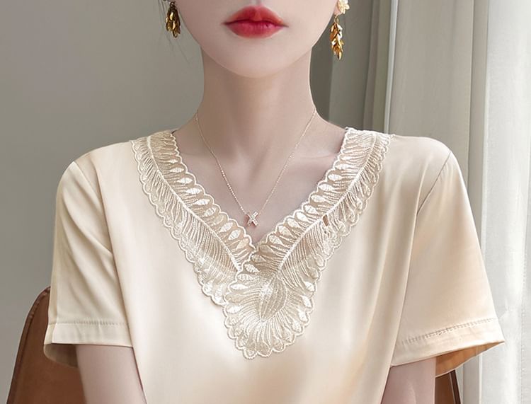 Short-Sleeve V-Neck Plain Embroidered Panel Satin Top