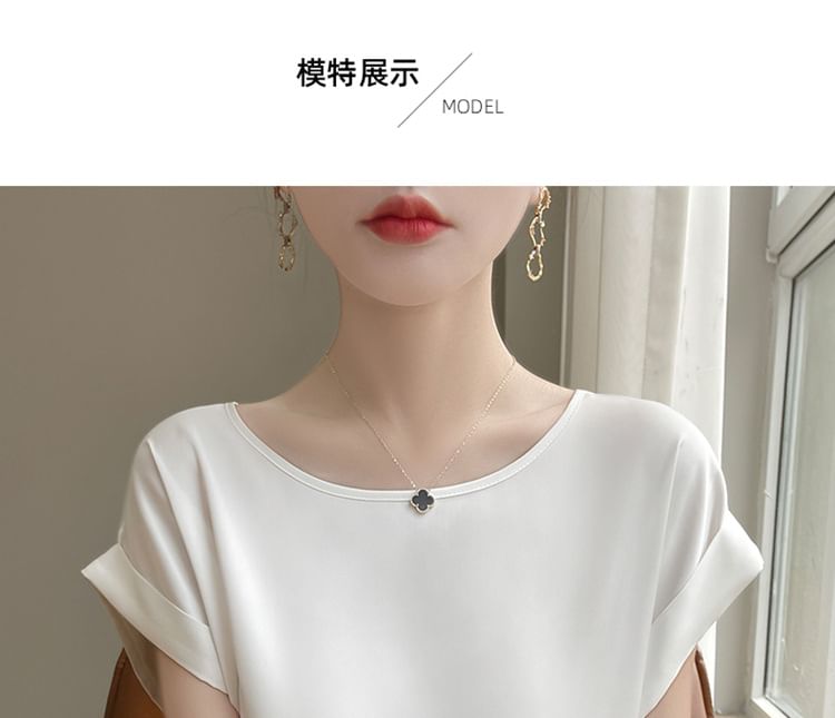 Short-Sleeve Round Neck Plain Satin Top