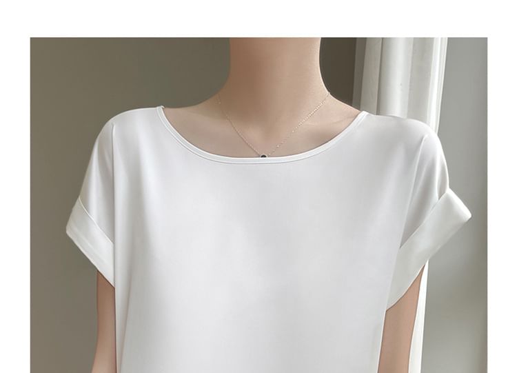 Short-Sleeve Round Neck Plain Satin Top