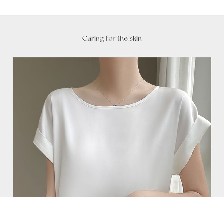 Short-Sleeve Round Neck Plain Satin Top