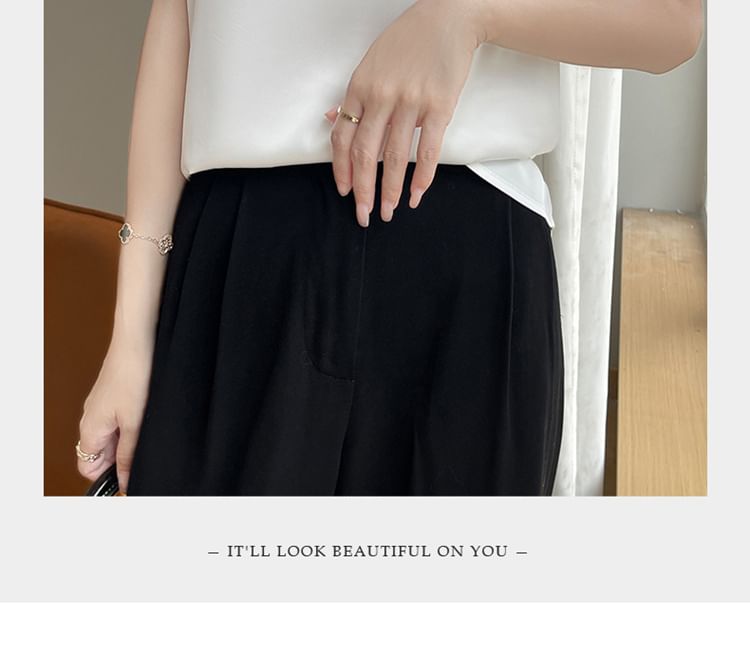 Short-Sleeve Round Neck Plain Satin Top