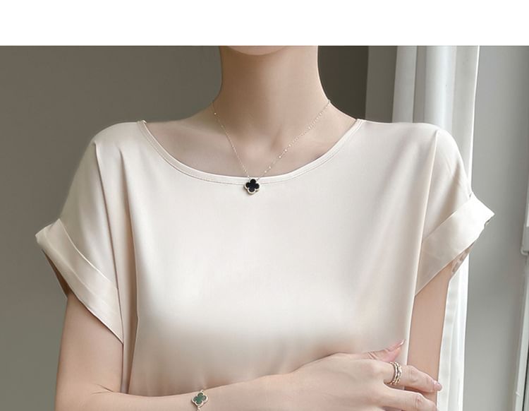Short-Sleeve Round Neck Plain Satin Top