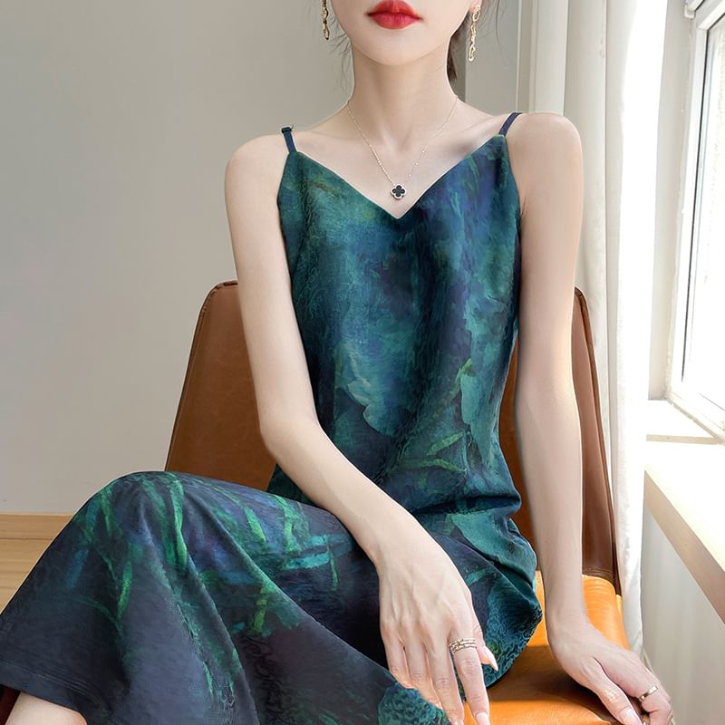 Spaghetti Strap V-Neck Patterned Print Midi A-Line Dress