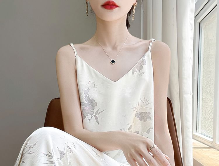 Spaghetti Strap V-Neck Patterned Print Midi A-Line Dress