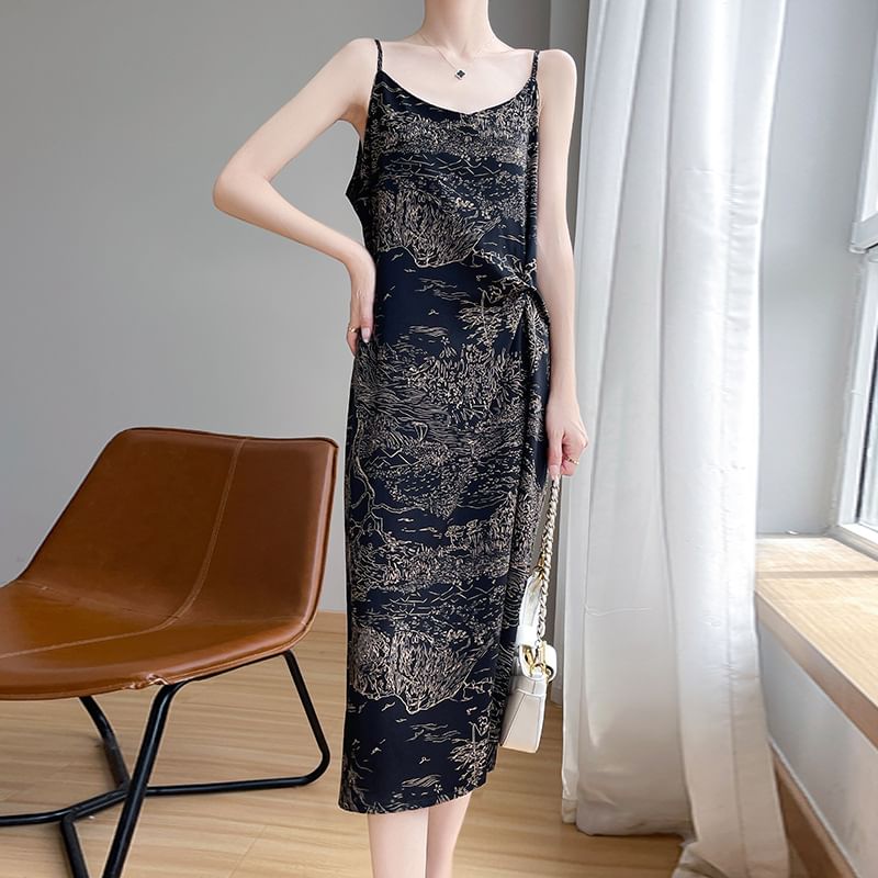 Spaghetti Strap V-Neck Patterned Print Midi A-Line Dress