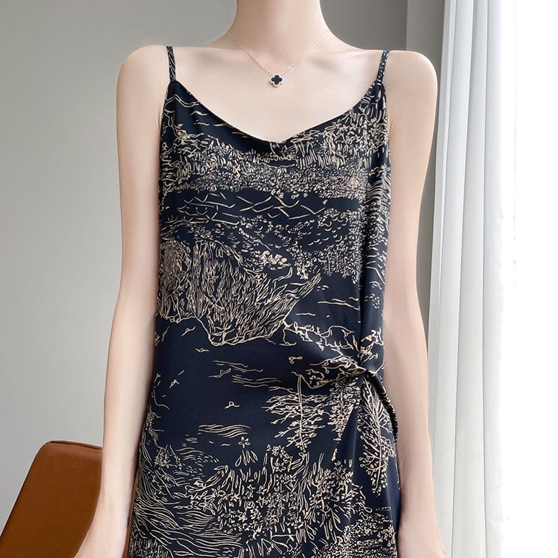 Spaghetti Strap V-Neck Patterned Print Midi A-Line Dress