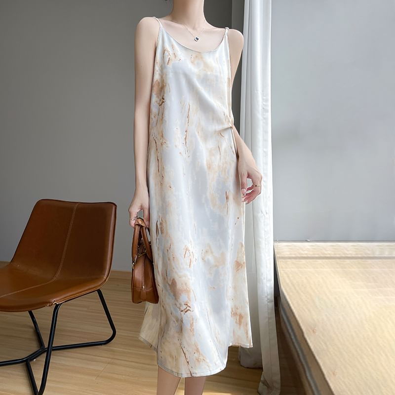 Spaghetti Strap V-Neck Patterned Print Midi A-Line Dress