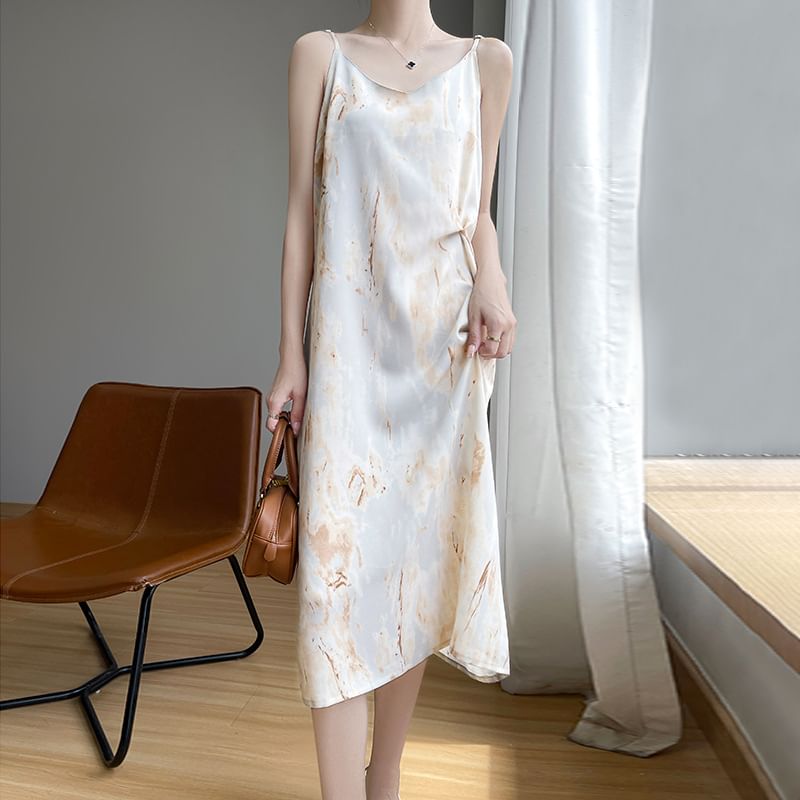 Spaghetti Strap V-Neck Patterned Print Midi A-Line Dress