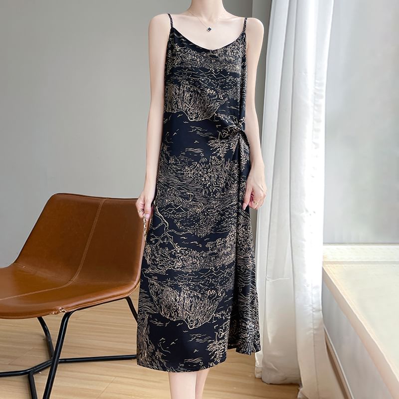 Spaghetti Strap V-Neck Patterned Print Midi A-Line Dress