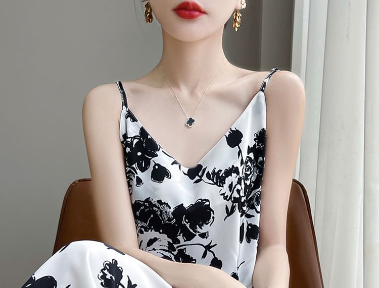 Spaghetti Strap V-Neck Patterned Print Midi A-Line Dress