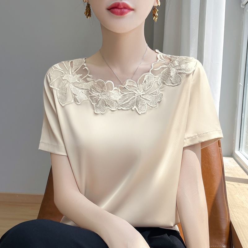 Short-Sleeve Round Neck Plain Embroidered Panel Satin Top