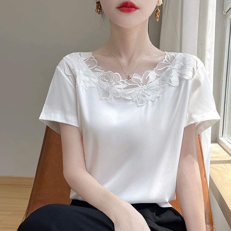 Short-Sleeve Round Neck Plain Embroidered Panel Satin Top