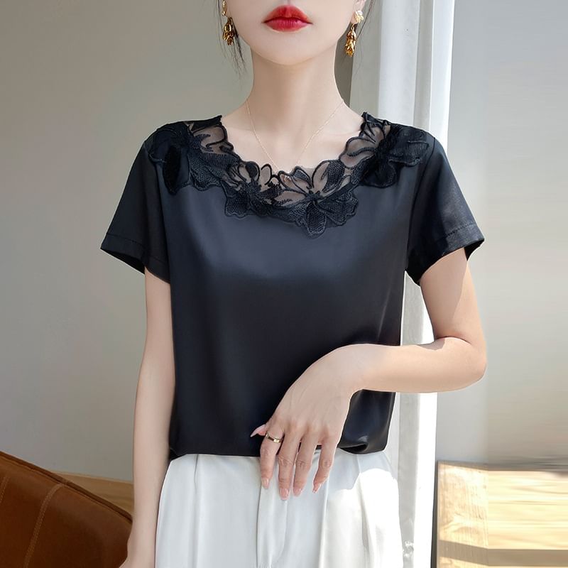 Short-Sleeve Round Neck Plain Embroidered Panel Satin Top