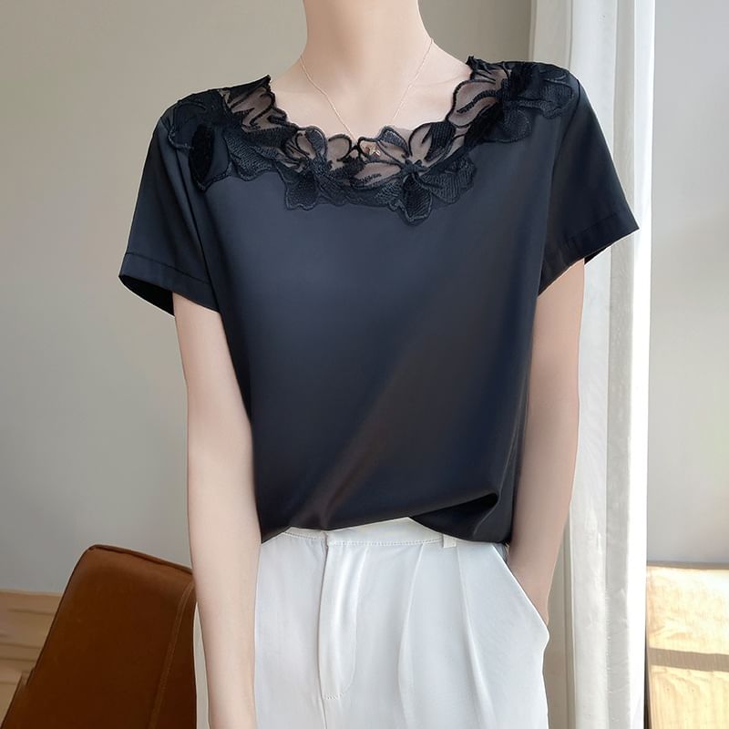 Short-Sleeve Round Neck Plain Embroidered Panel Satin Top