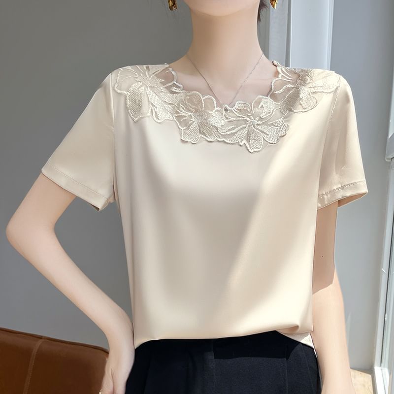 Short-Sleeve Round Neck Plain Embroidered Panel Satin Top