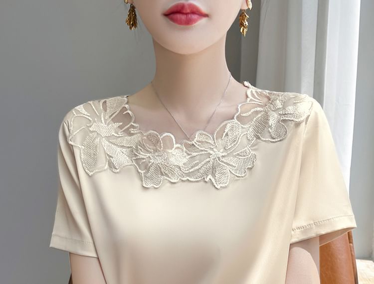 Short-Sleeve Round Neck Plain Embroidered Panel Satin Top