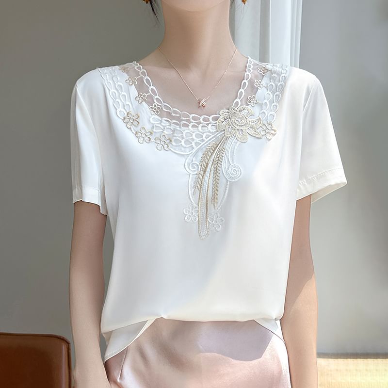 Short-Sleeve Round Neck Embroidered Panel Satin Top