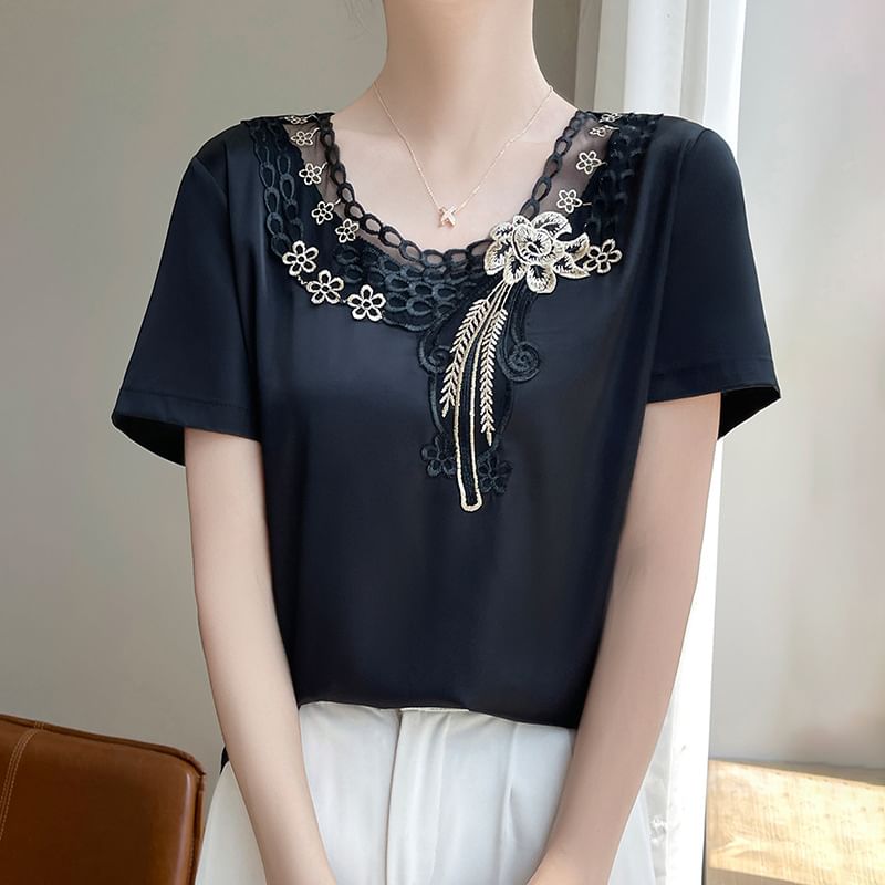 Short-Sleeve Round Neck Embroidered Panel Satin Top