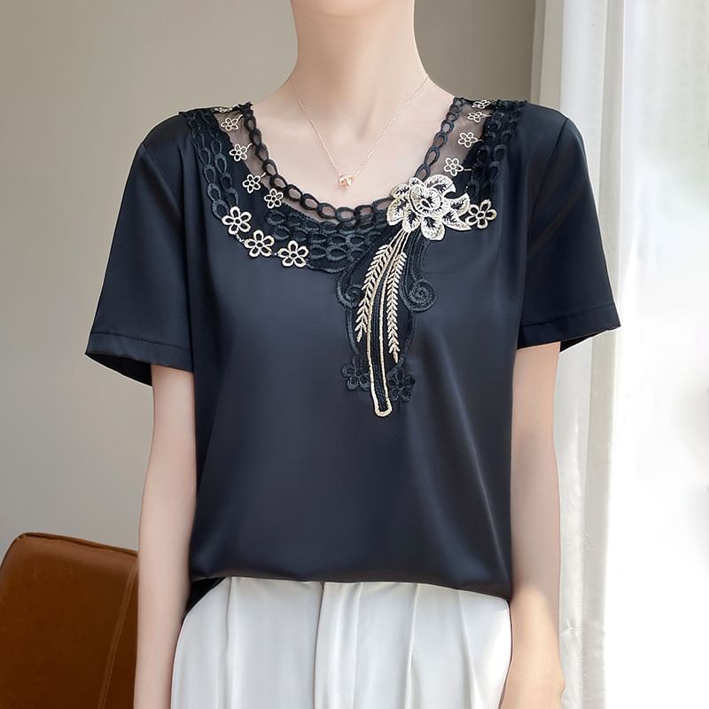 Short-Sleeve Round Neck Embroidered Panel Satin Top