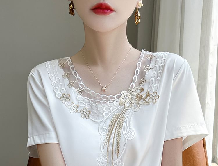 Short-Sleeve Round Neck Embroidered Panel Satin Top