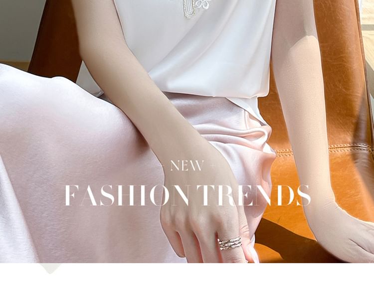 Short-Sleeve Round Neck Embroidered Panel Satin Top