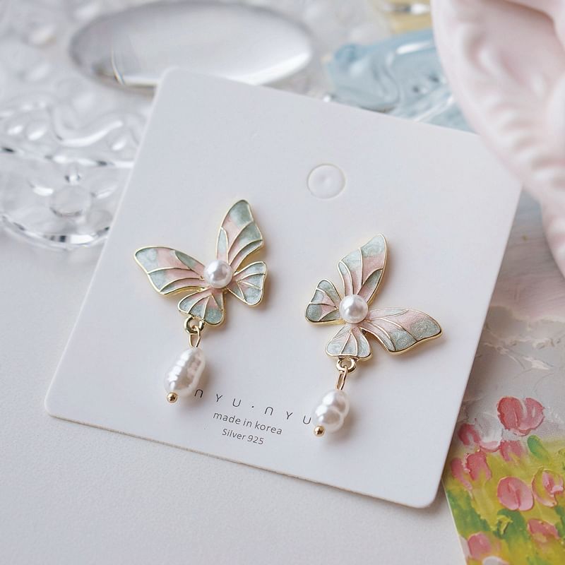 / Butterfly Pearl Faux Earring On Clip Enamel Drop